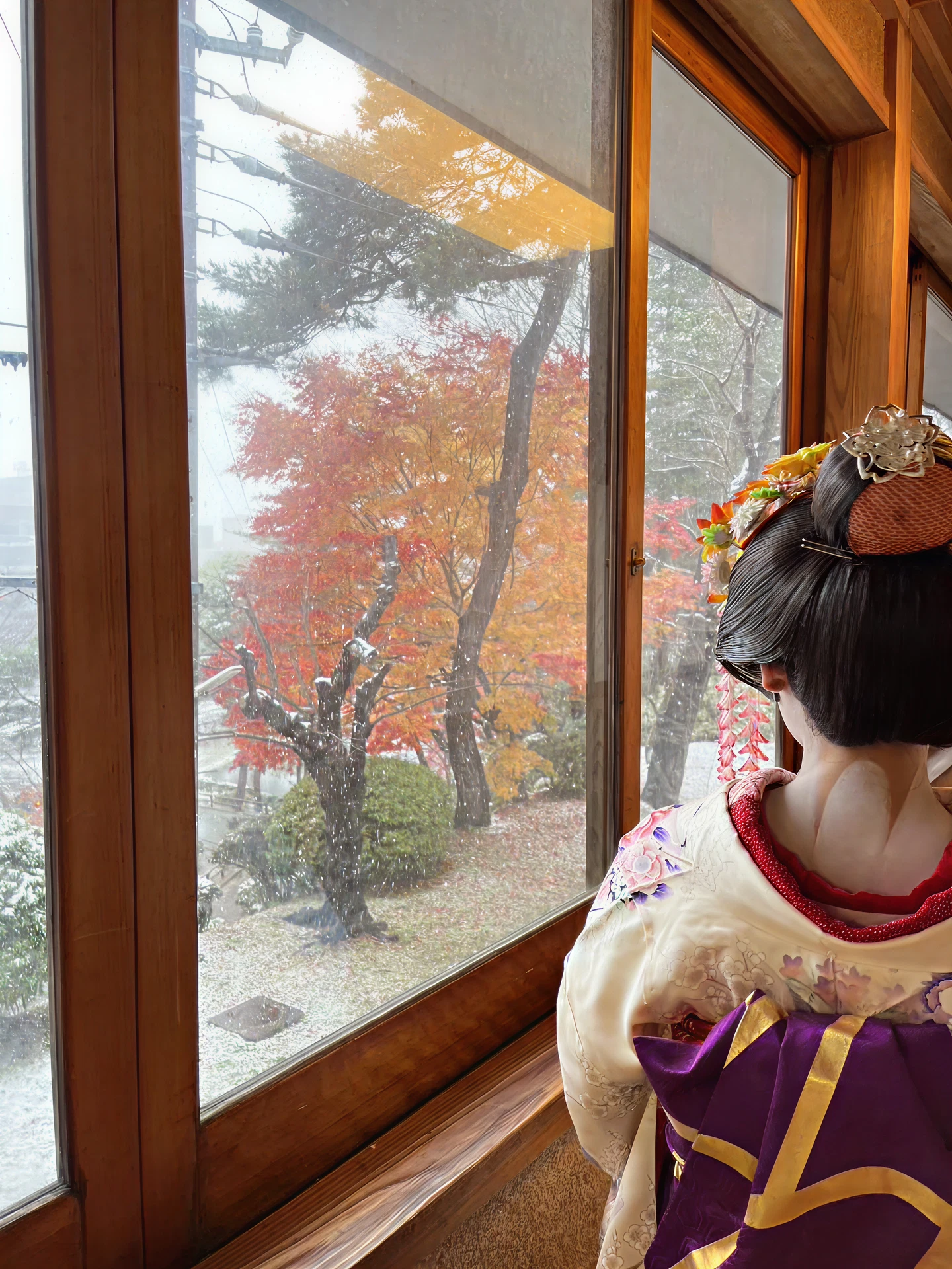 大広間の窓から見える紅葉と舞妓の後ろ姿