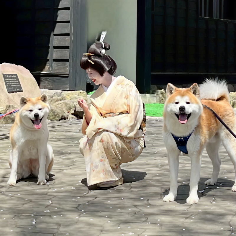 秋田犬と一緒に佇むあきた舞妓